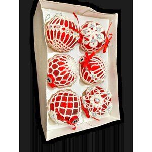 Vintage Crochet Sleeve w Rhinestone Christmas Ornaments Red Set of 6 Woolworth